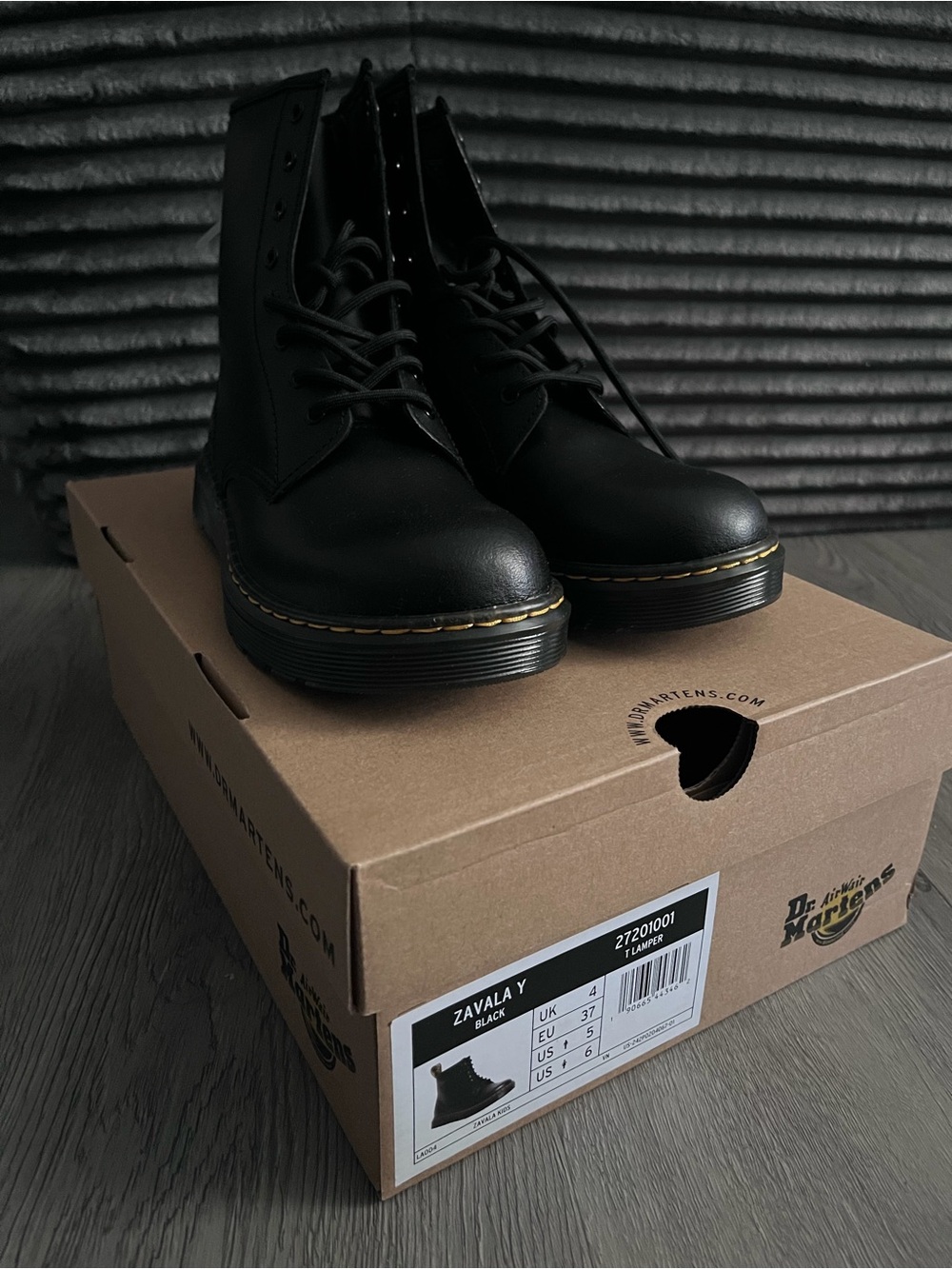 Dr. Martens Black Leather Combat Boots with Yellow Stitching